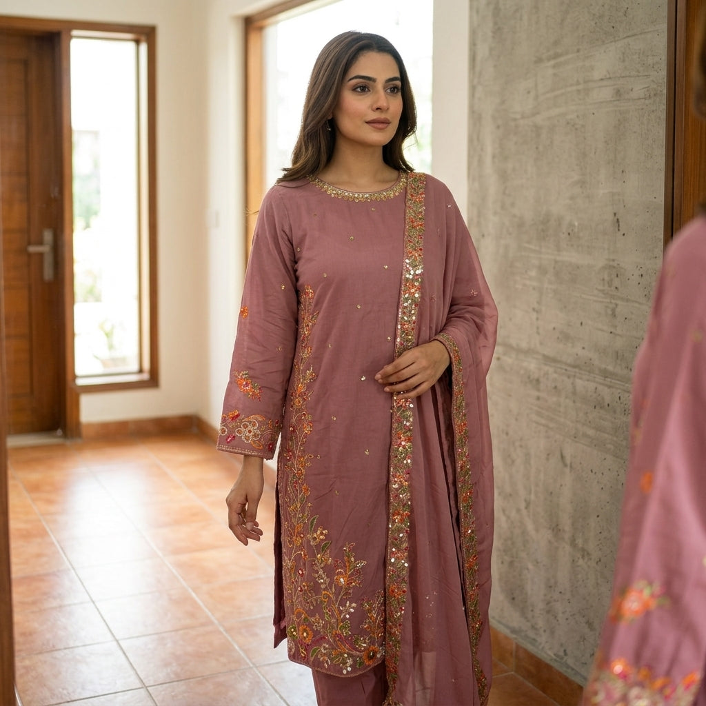 Naqsh-e-Zar Dusty Pink Embroidered 3 Piece Suit