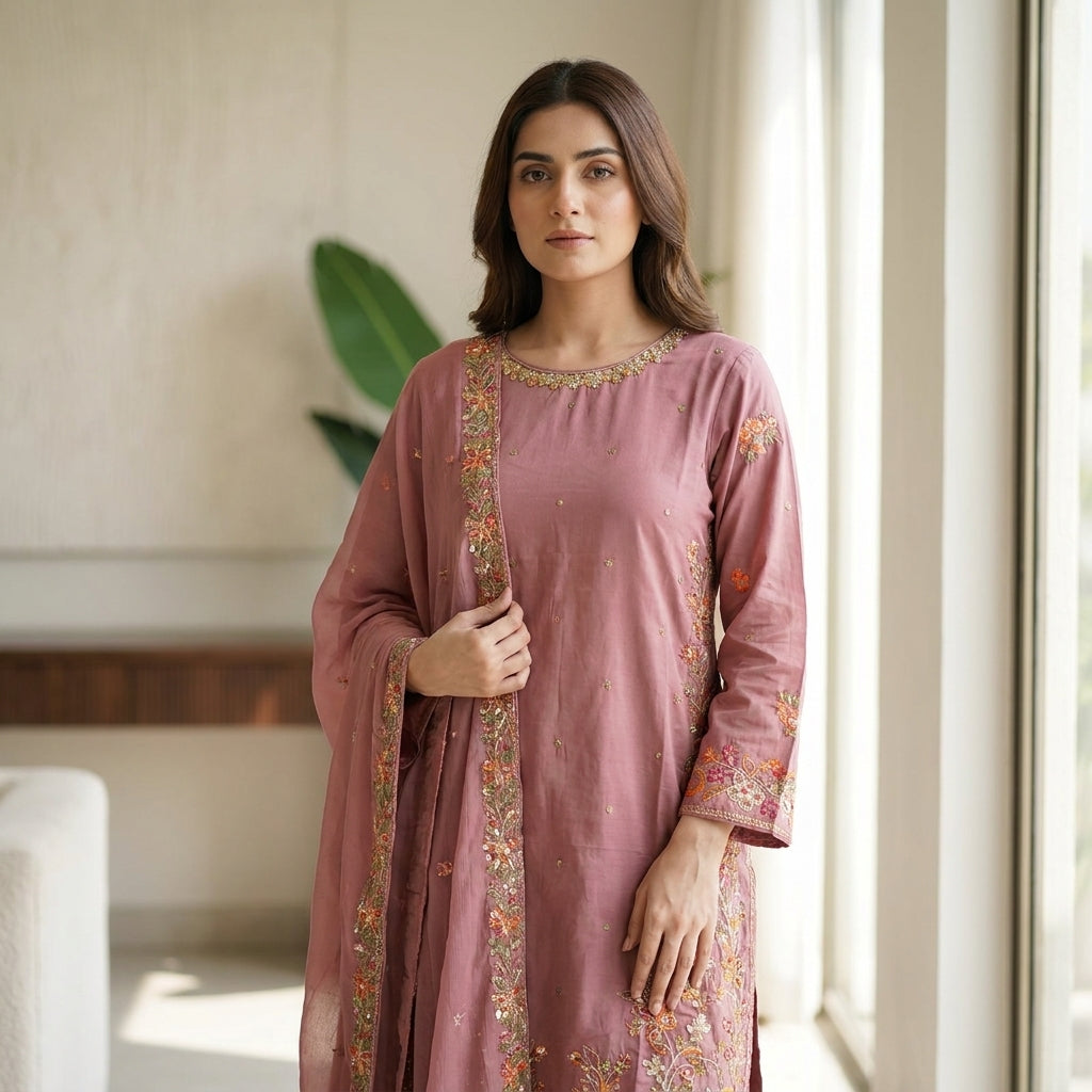 Naqsh-e-Zar Dusty Pink Embroidered 3 Piece Suit