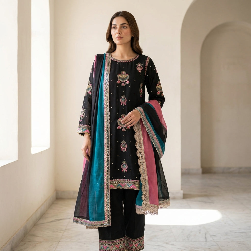 Naqsh-e-Zar Black Embroidered 3 Piece Suit