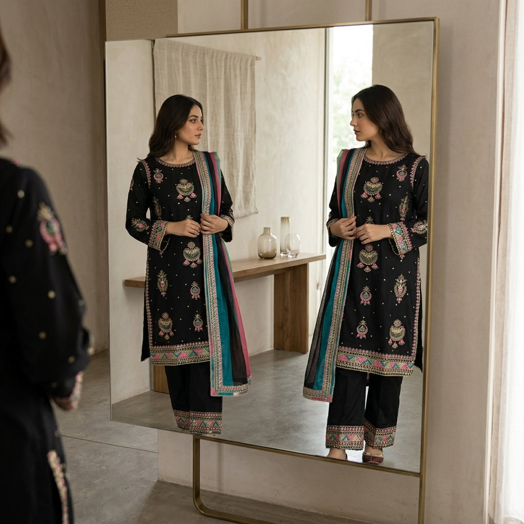 Naqsh-e-Zar Black Embroidered 3 Piece Suit