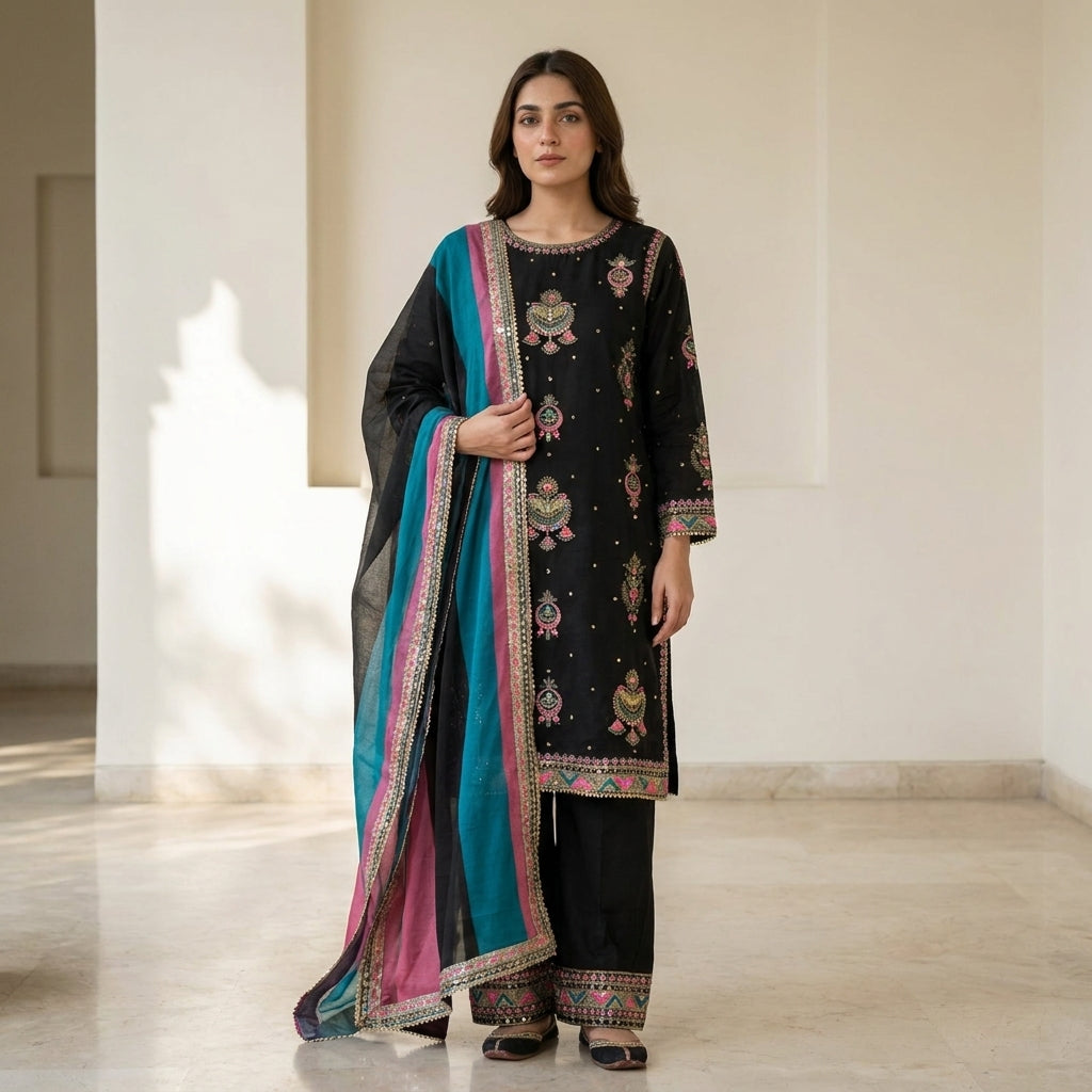 Naqsh-e-Zar Black Embroidered 3 Piece Suit