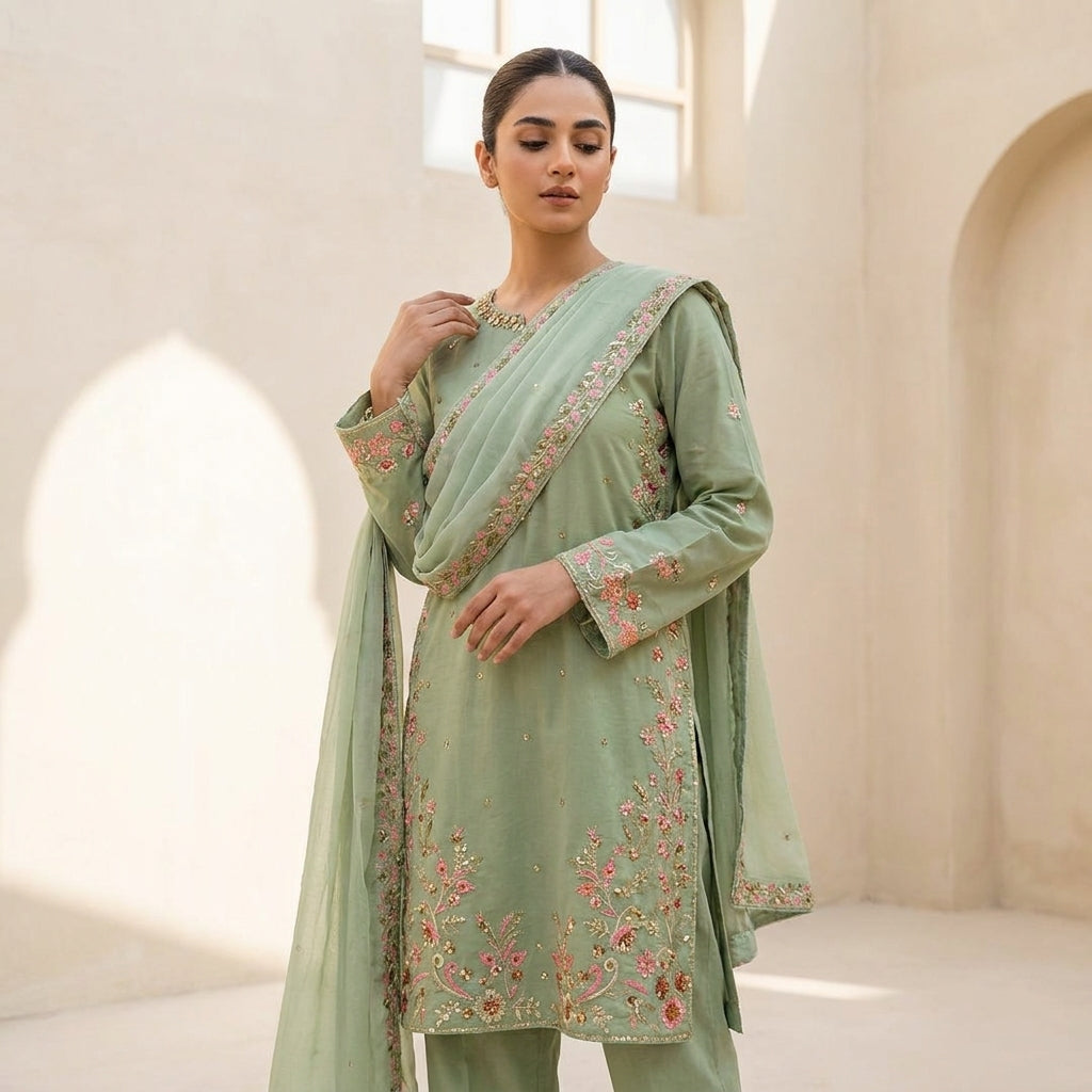 Naqsh-e-Zar Sage Green Embroidered 3 Piece Suit