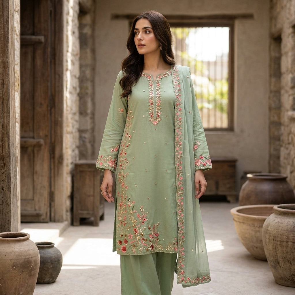 Naqsh-e-Zar Sage Green Embroidered 3 Piece Suit