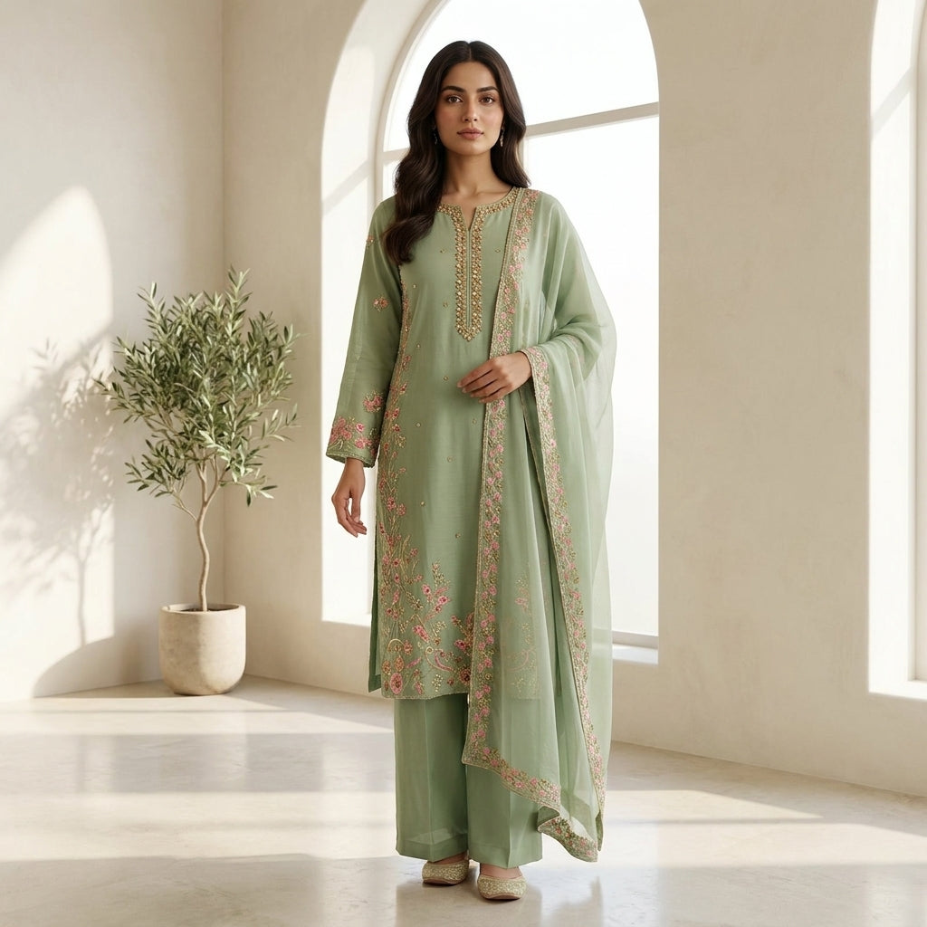 Naqsh-e-Zar Sage Green Embroidered 3 Piece Suit