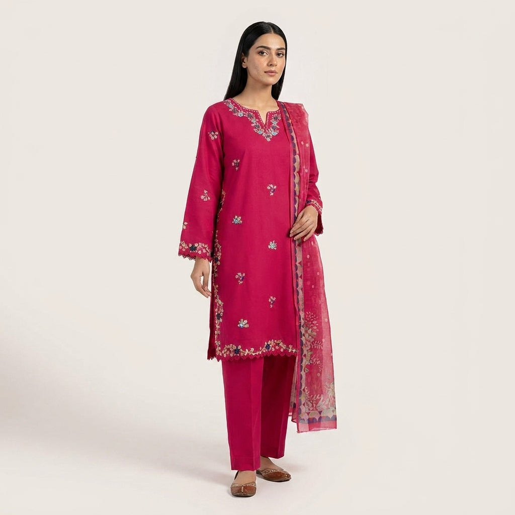Naqsh-e-Zar Deep Pink Embroidered 3 Piece Suit