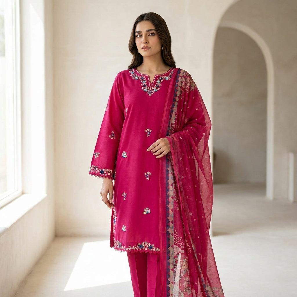 Naqsh-e-Zar Deep Pink Embroidered 3 Piece Suit