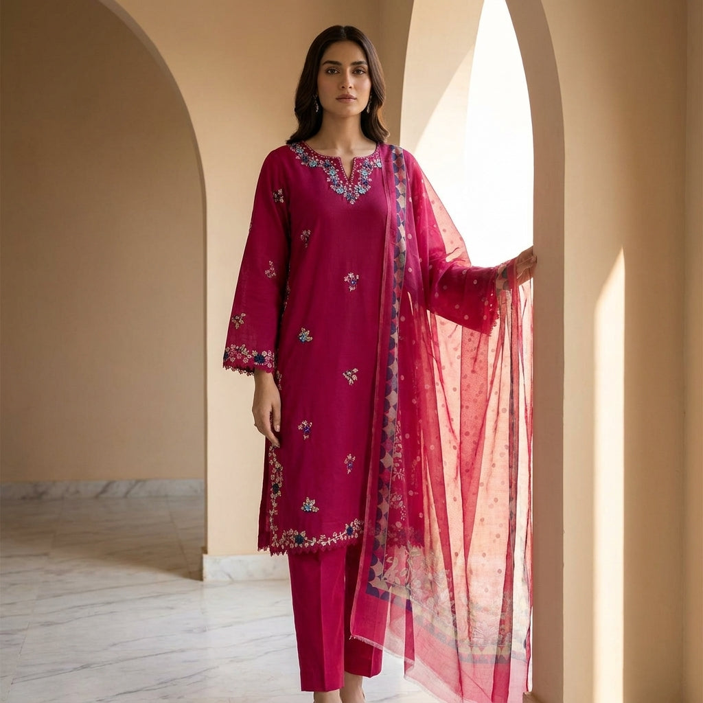 Naqsh-e-Zar Deep Pink Embroidered 3 Piece Suit