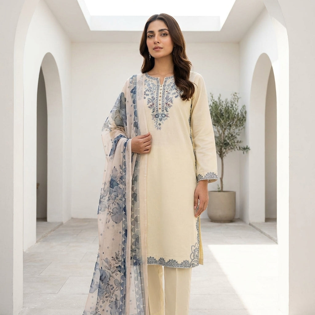 Naqsh-e-Zar Butter Yellow Embroidered 3 Piece Suit