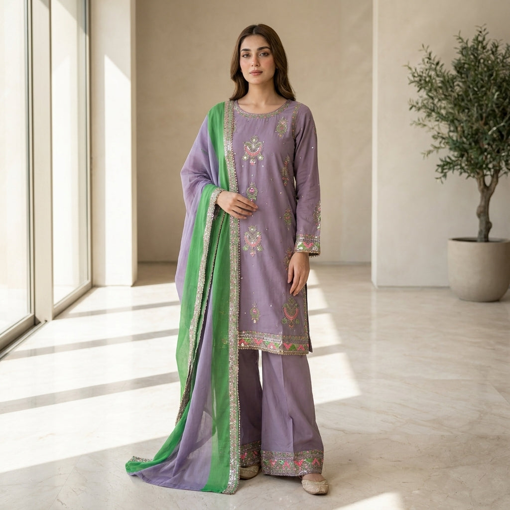 Naqsh-e-Zar Light Purple Embroidered 3 Piece Suit
