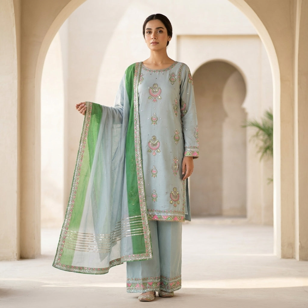 Naqsh-e-Zar light blue Embroidered 3 Piece Suit