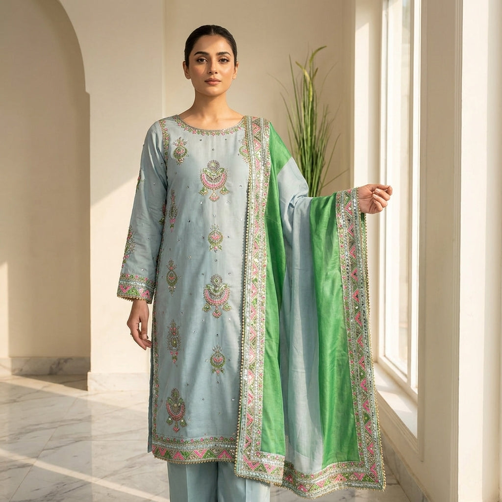 Naqsh-e-Zar light blue Embroidered 3 Piece Suit